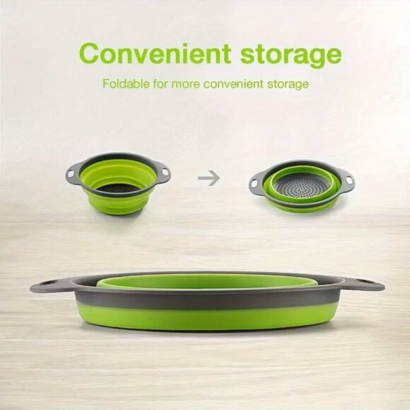 2-Pack Collapsible Space-Saving Silicone Kitchen Colanders Green Strainers Round - Picture 2 of 6